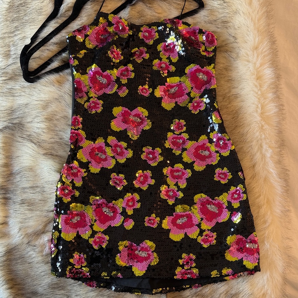 For Love And Lemons Black Sequin Dress with Pink & Yellow Floral Embroidery